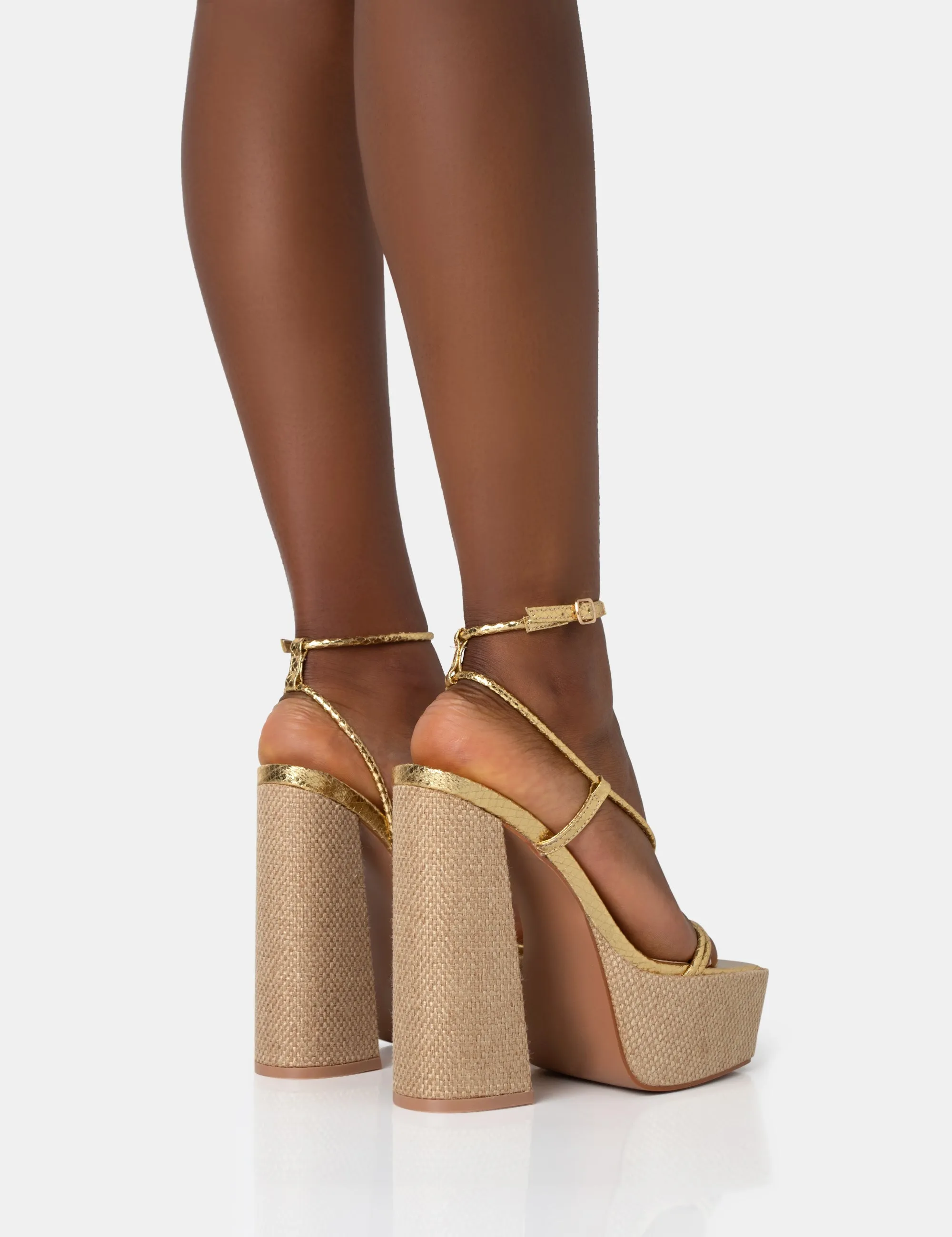 Blissful Gold Asymmetric Strappy Raffia Platform Block Heels