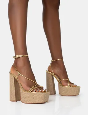 Blissful Gold Asymmetric Strappy Raffia Platform Block Heels