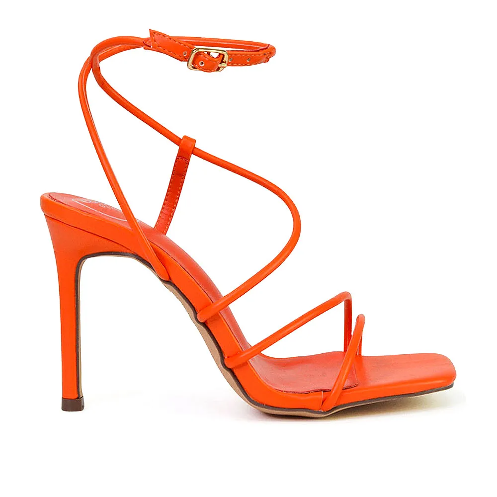 Flynn Strappy Buckle Up Square Toe Shoes With Stiletto High Heels in Green