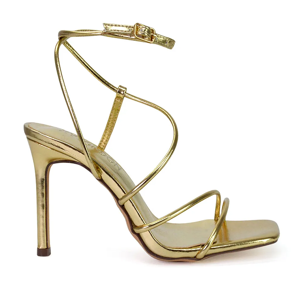 Flynn Strappy Buckle Up Square Toe Shoes With Stiletto High Heels in Green