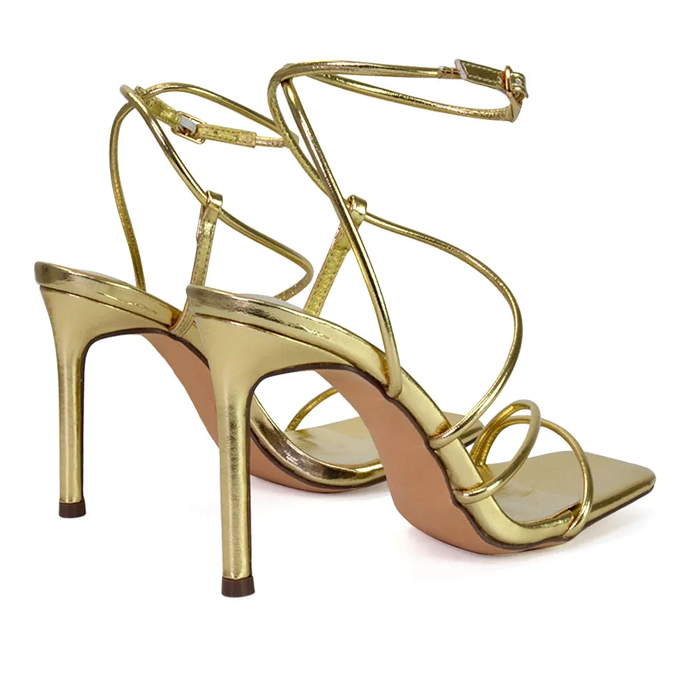 Flynn Strappy Buckle Up Square Toe Shoes With Stiletto High Heels in Green