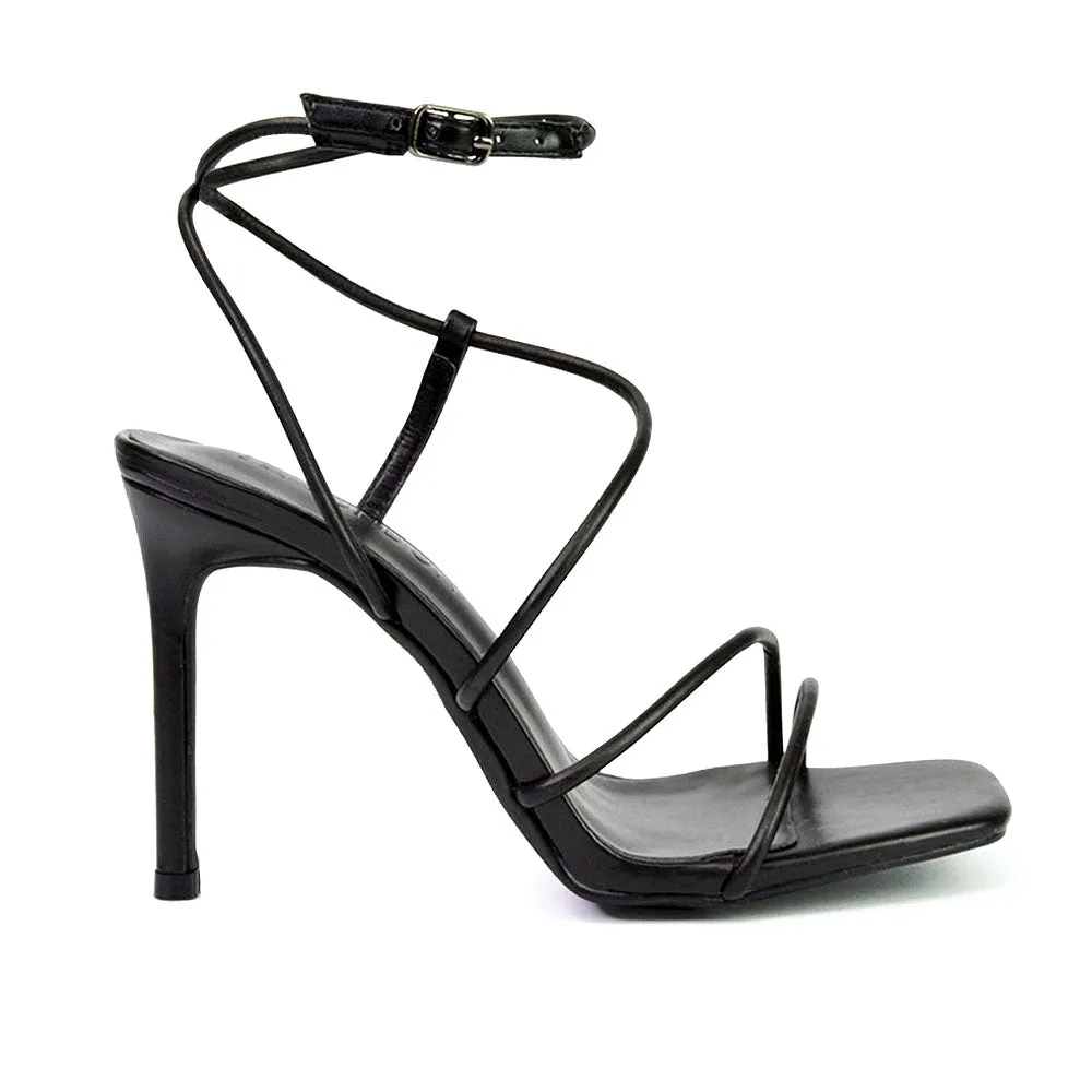 Flynn Strappy Buckle Up Square Toe Shoes With Stiletto High Heels in Green