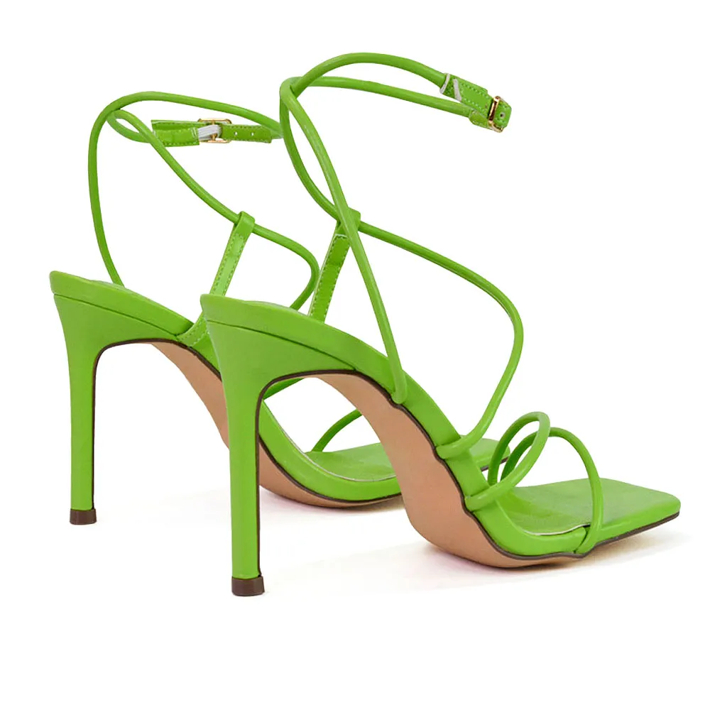 Flynn Strappy Buckle Up Square Toe Shoes With Stiletto High Heels in Green