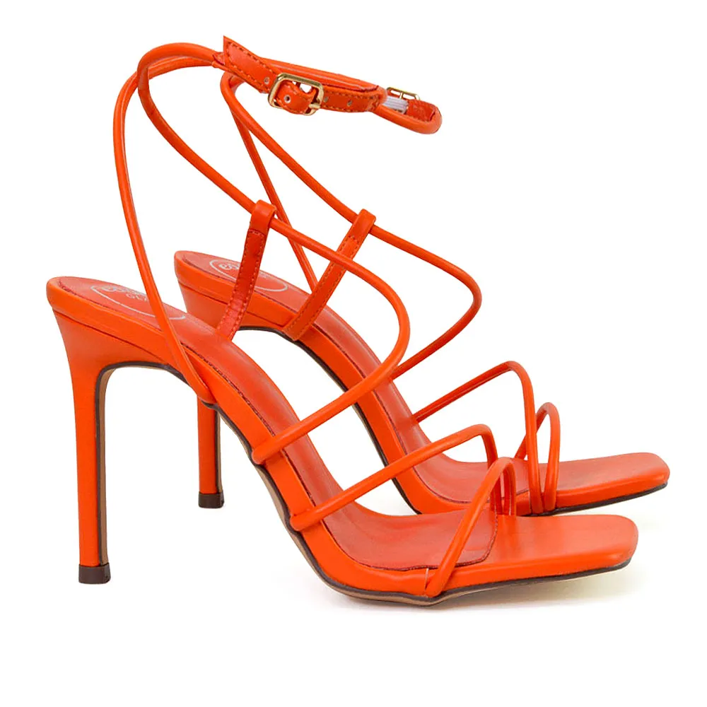 Flynn Strappy Buckle Up Square Toe Shoes With Stiletto High Heels in Green