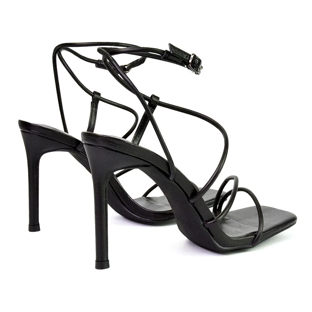 Flynn Strappy Buckle Up Square Toe Shoes With Stiletto High Heels in Green