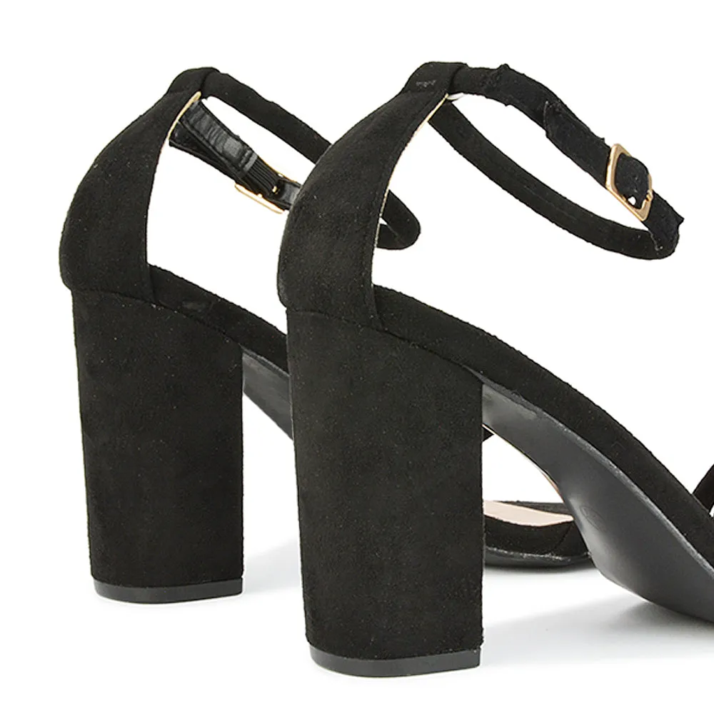 Liana Toe Loop Strappy Chunky Block High Heeled Sandals in Nude Synthetic Leather