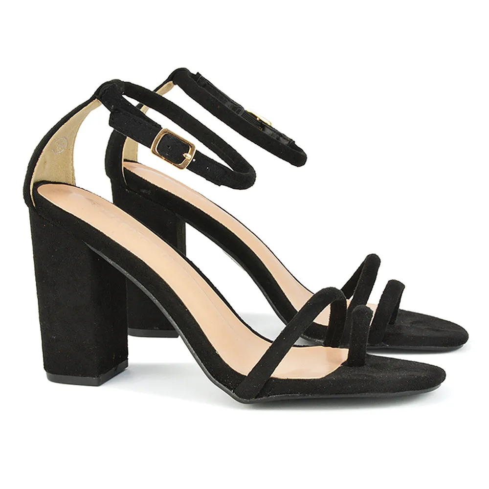 Liana Toe Loop Strappy Chunky Block High Heeled Sandals in Nude Synthetic Leather