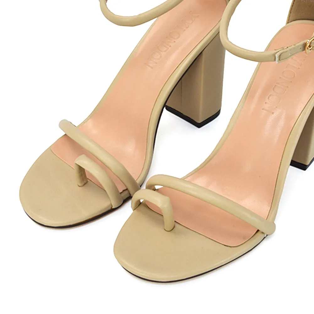 Liana Toe Loop Strappy Chunky Block High Heeled Sandals in Nude Synthetic Leather