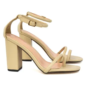 Liana Toe Loop Strappy Chunky Block High Heeled Sandals in Nude Synthetic Leather