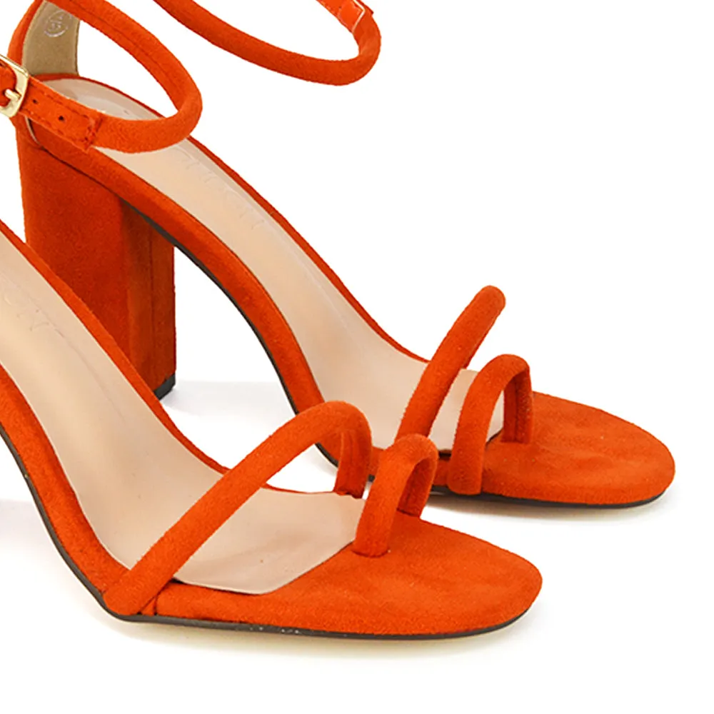 Liana Toe Loop Strappy Chunky Block High Heeled Sandals in Nude Synthetic Leather