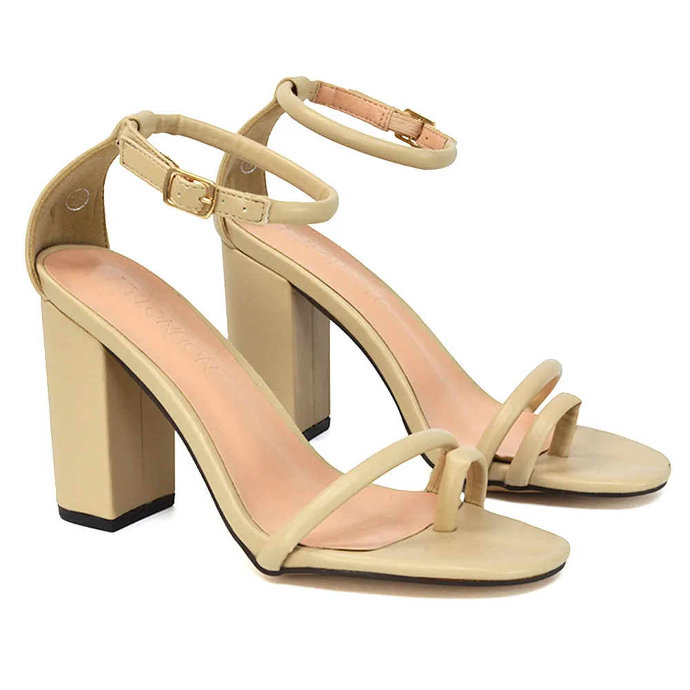 Liana Toe Loop Strappy Chunky Block High Heeled Sandals in Nude Synthetic Leather