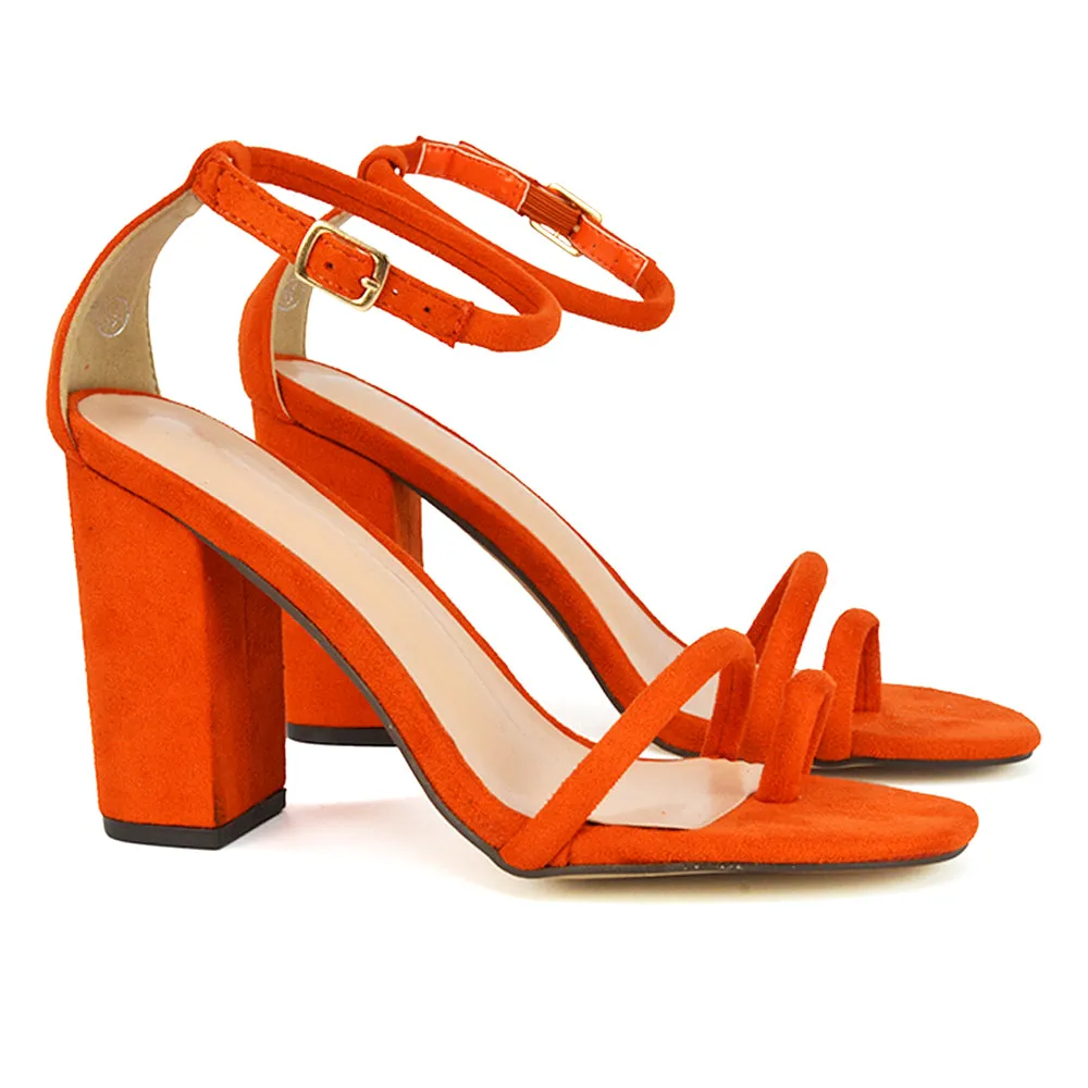 Liana Toe Loop Strappy Chunky Block High Heeled Sandals in Nude Synthetic Leather