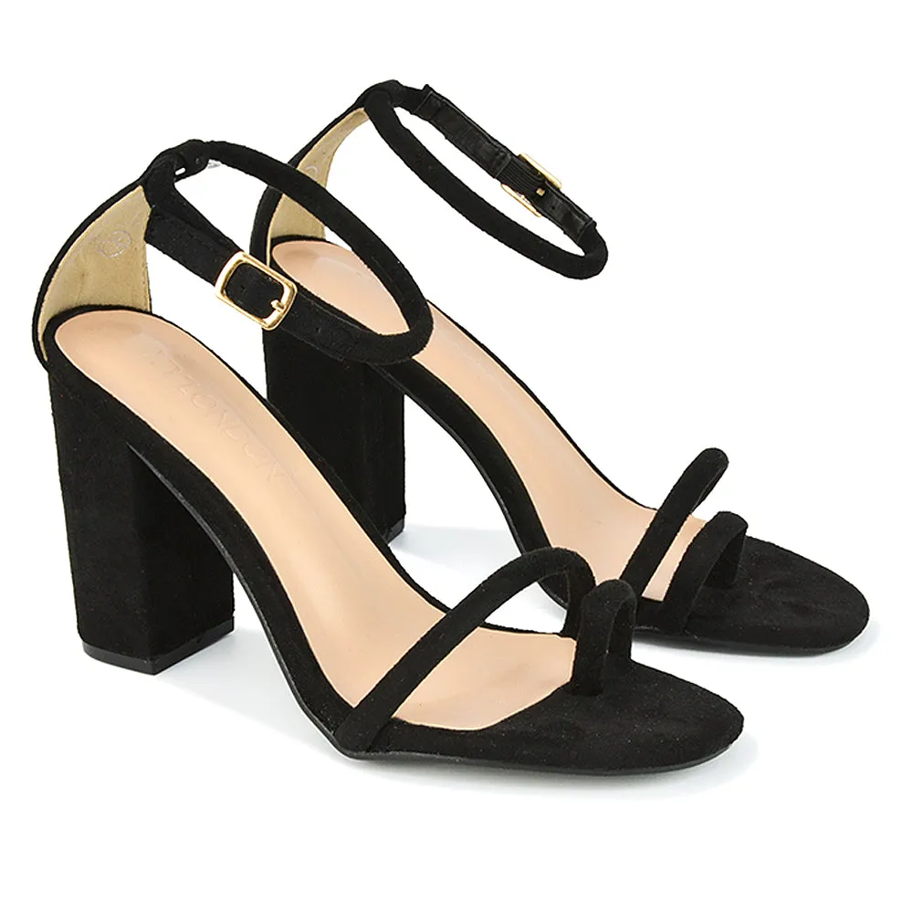 Liana Toe Loop Strappy Chunky Block High Heeled Sandals in Nude Synthetic Leather