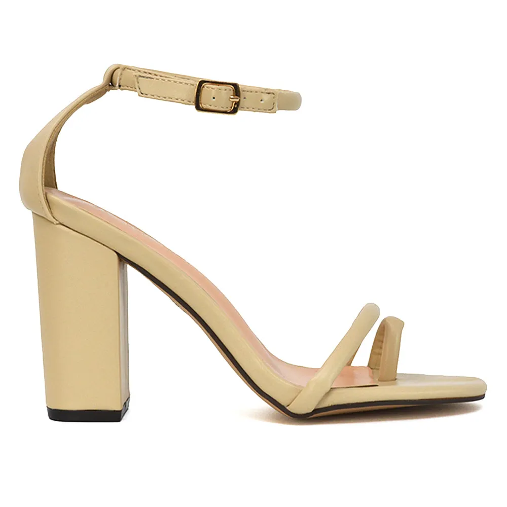 Liana Toe Loop Strappy Chunky Block High Heeled Sandals in Nude Synthetic Leather