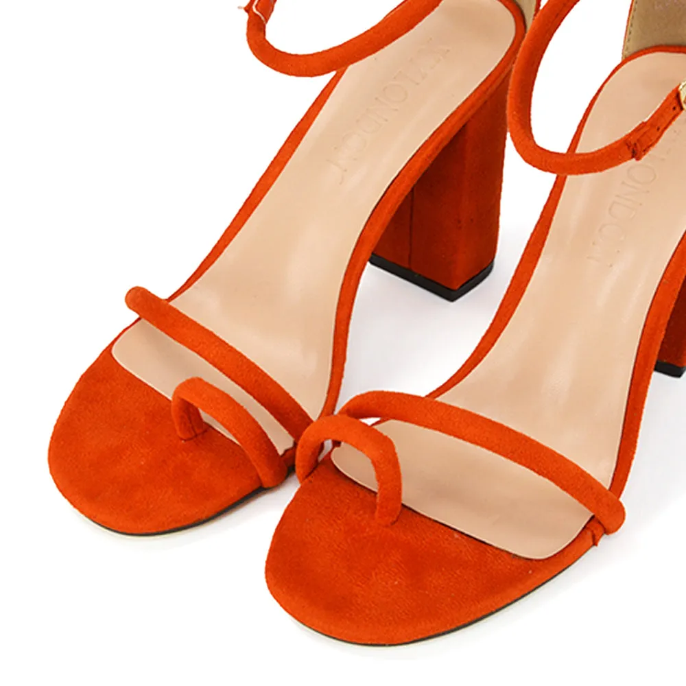 Liana Toe Loop Strappy Chunky Block High Heeled Sandals in Nude Synthetic Leather