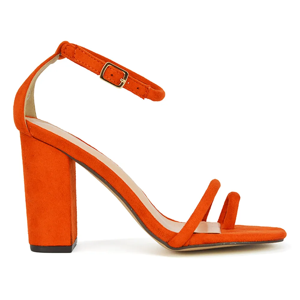 Liana Toe Loop Strappy Chunky Block High Heeled Sandals in Nude Synthetic Leather
