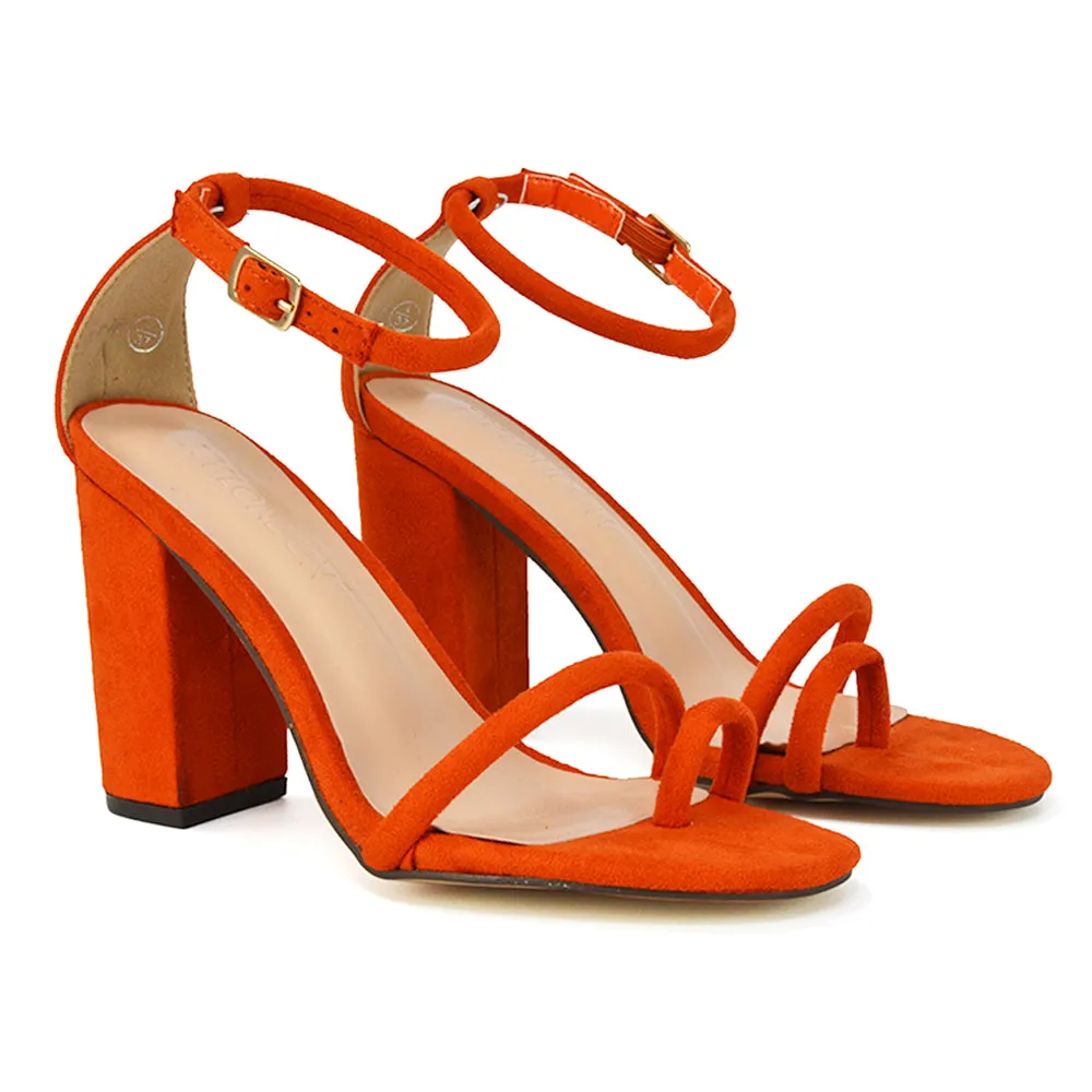 Liana Toe Loop Strappy Chunky Block High Heeled Sandals in Nude Synthetic Leather