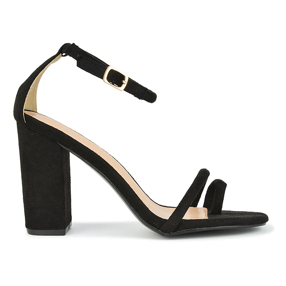 Liana Toe Loop Strappy Chunky Block High Heeled Sandals in Nude Synthetic Leather