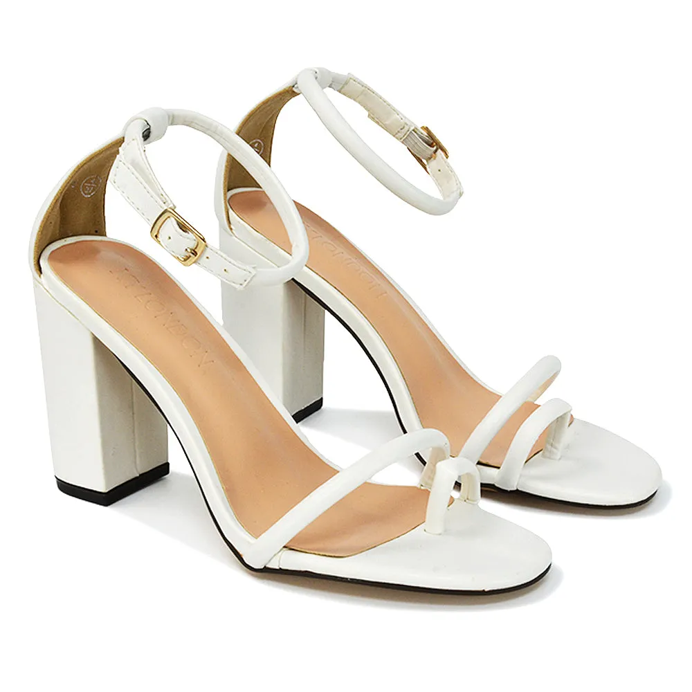 Liana Toe Loop Strappy Chunky Block High Heeled Sandals in Nude Synthetic Leather
