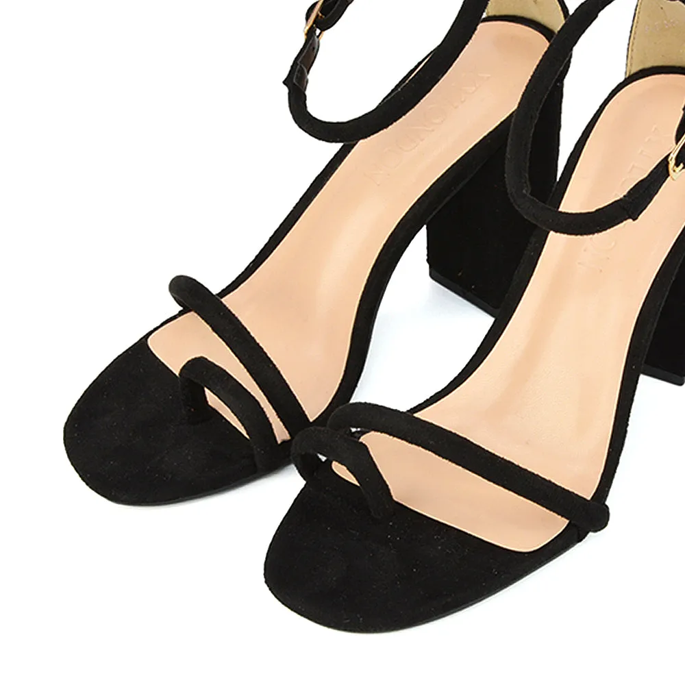 Liana Toe Loop Strappy Chunky Block High Heeled Sandals in Nude Synthetic Leather