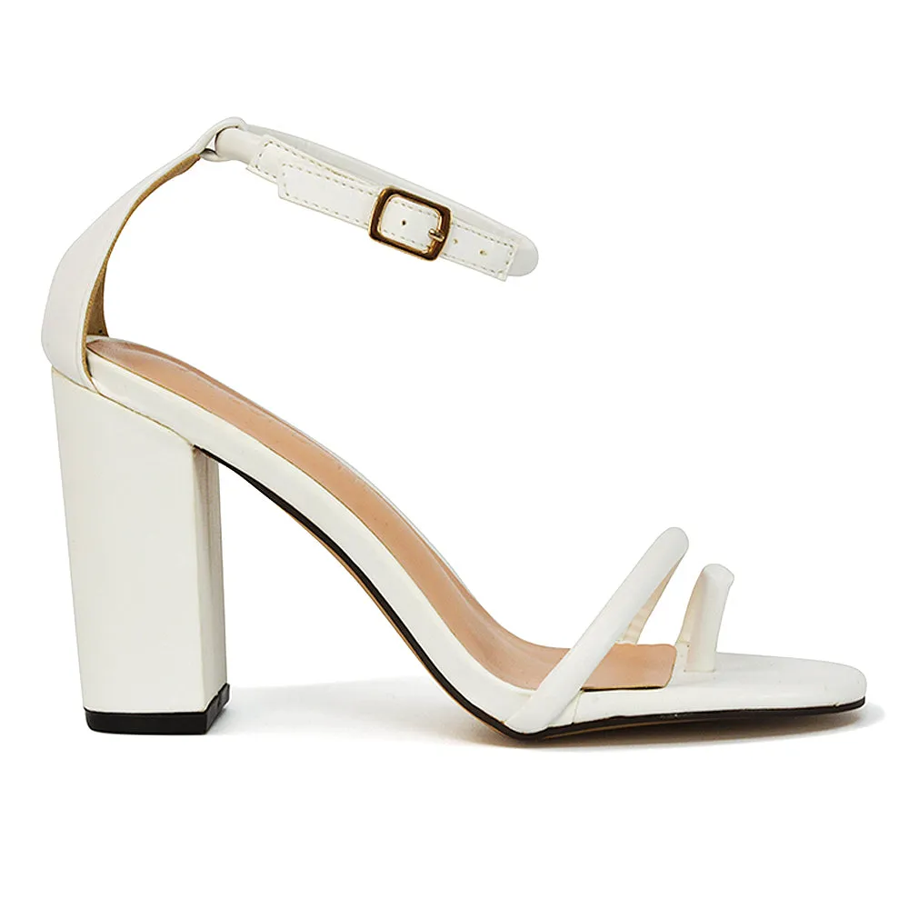 Liana Toe Loop Strappy Chunky Block High Heeled Sandals in Nude Synthetic Leather