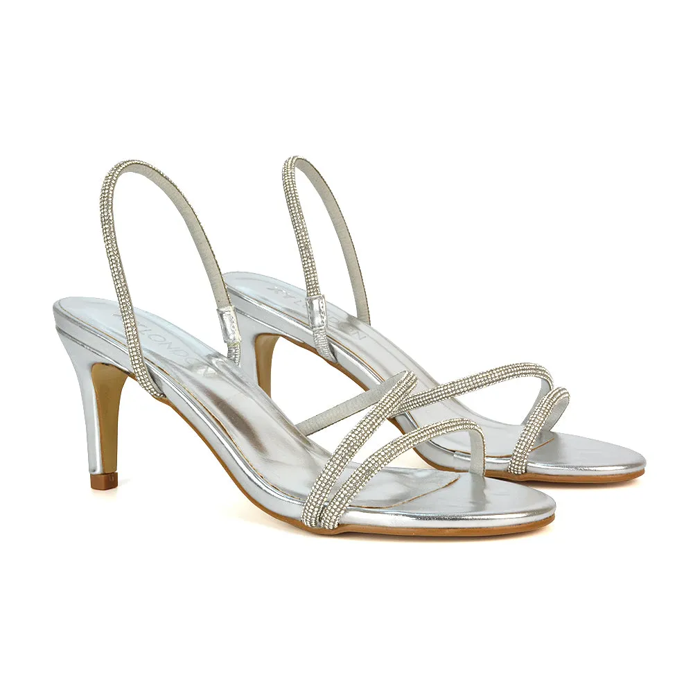 Polly Slingback Strappy Diamante Stiletto High Heel Sandals in Silver Metallic