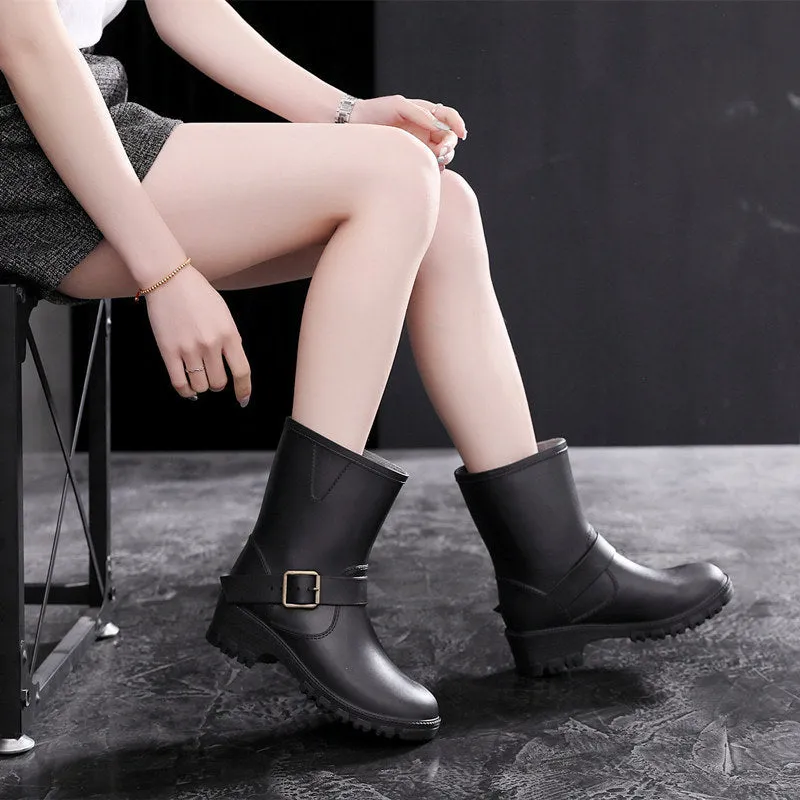 Rain Boots Low-Heeled with Fashion Buckle