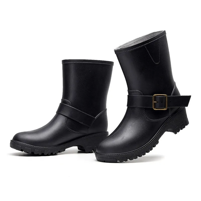 Rain Boots Low-Heeled with Fashion Buckle