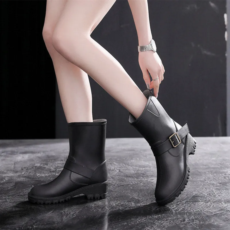 Rain Boots Low-Heeled with Fashion Buckle