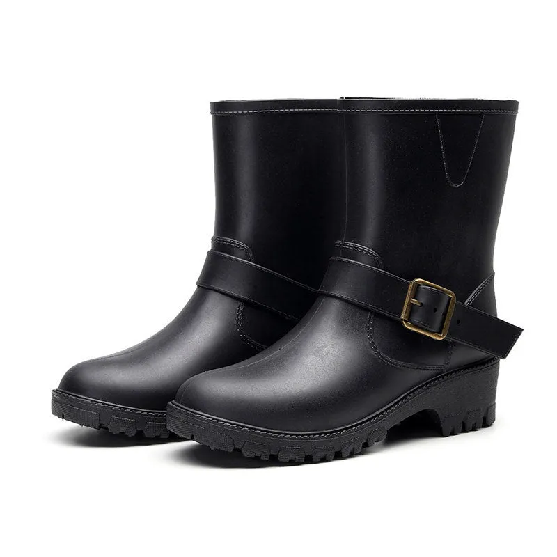 Rain Boots Low-Heeled with Fashion Buckle