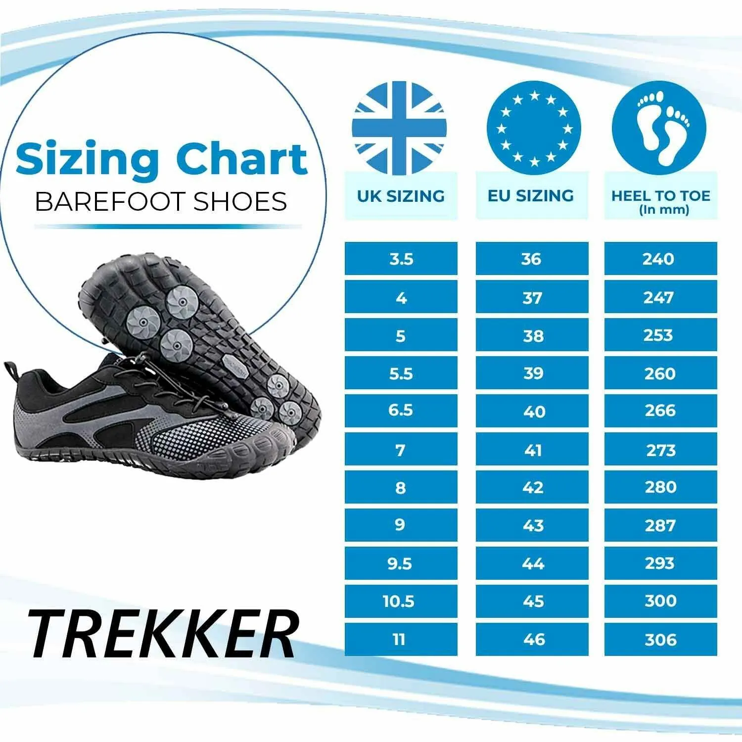 Trekker Barefoot shoes, sizes 36-45
